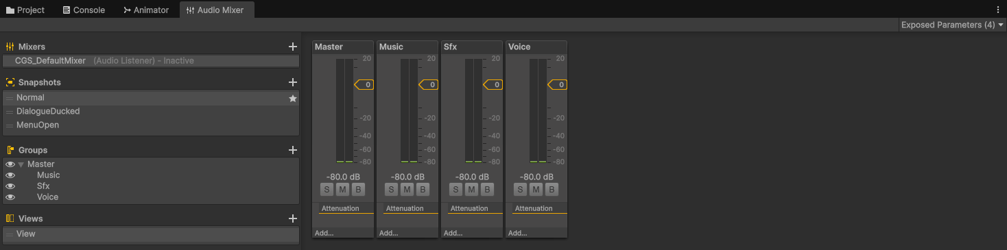 The Audio Mixer window with the three required groups and exposed parameters