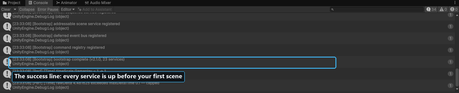 The Console window with the boot line highlighted