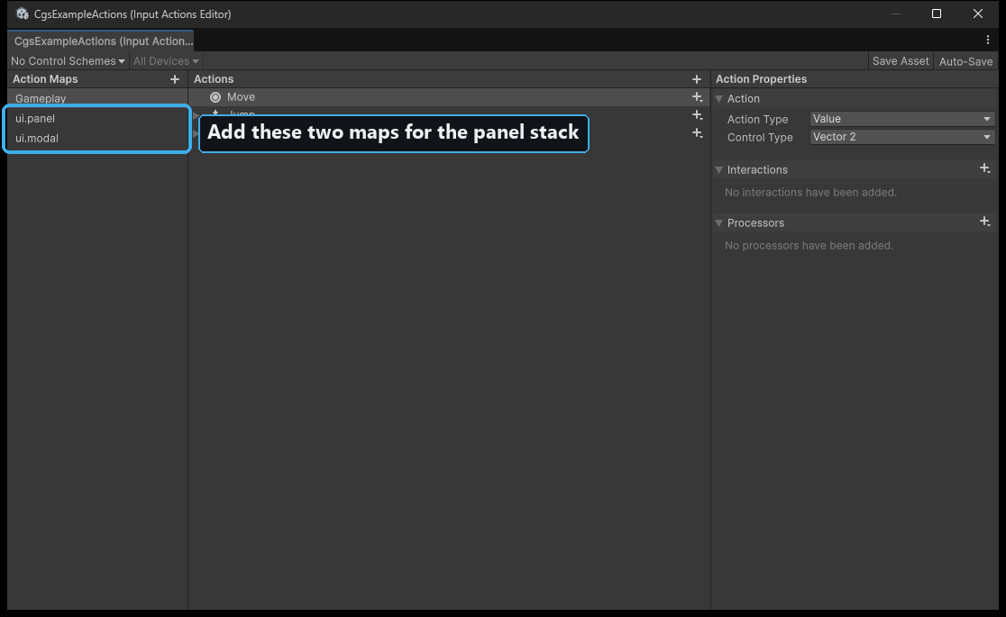 The Input Actions editor with a Gameplay map and the two panel-stack maps