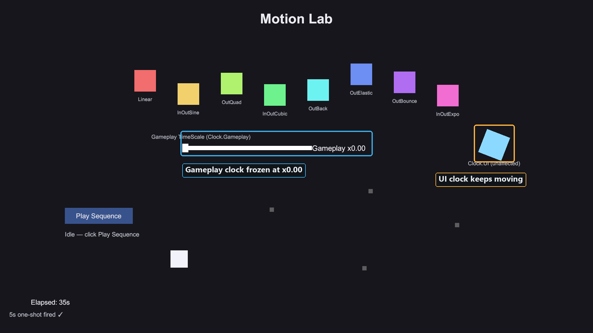 Motion Lab in Play mode with the Time Scale slider and UI clock marked