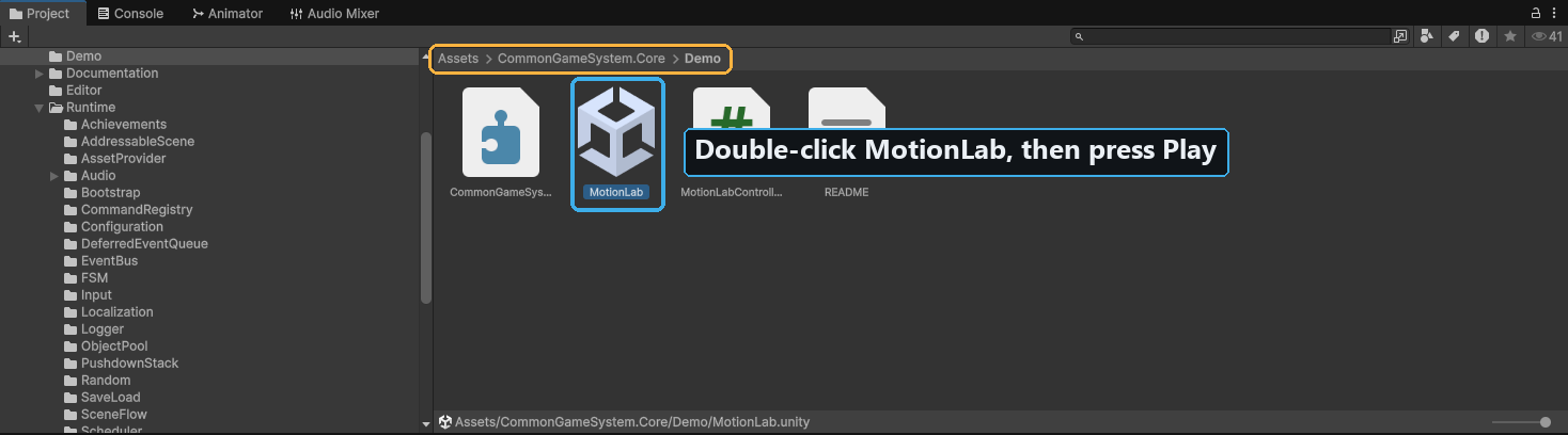 The Project window with the Demo folder expanded and MotionLab.unity circled