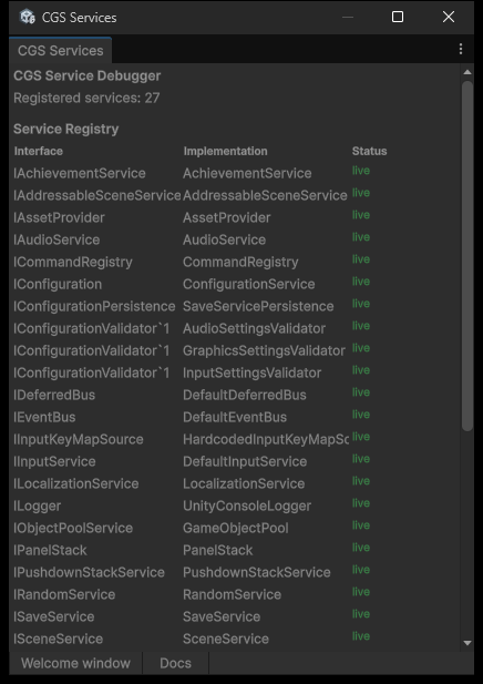 The Service Debugger window listing every registered service